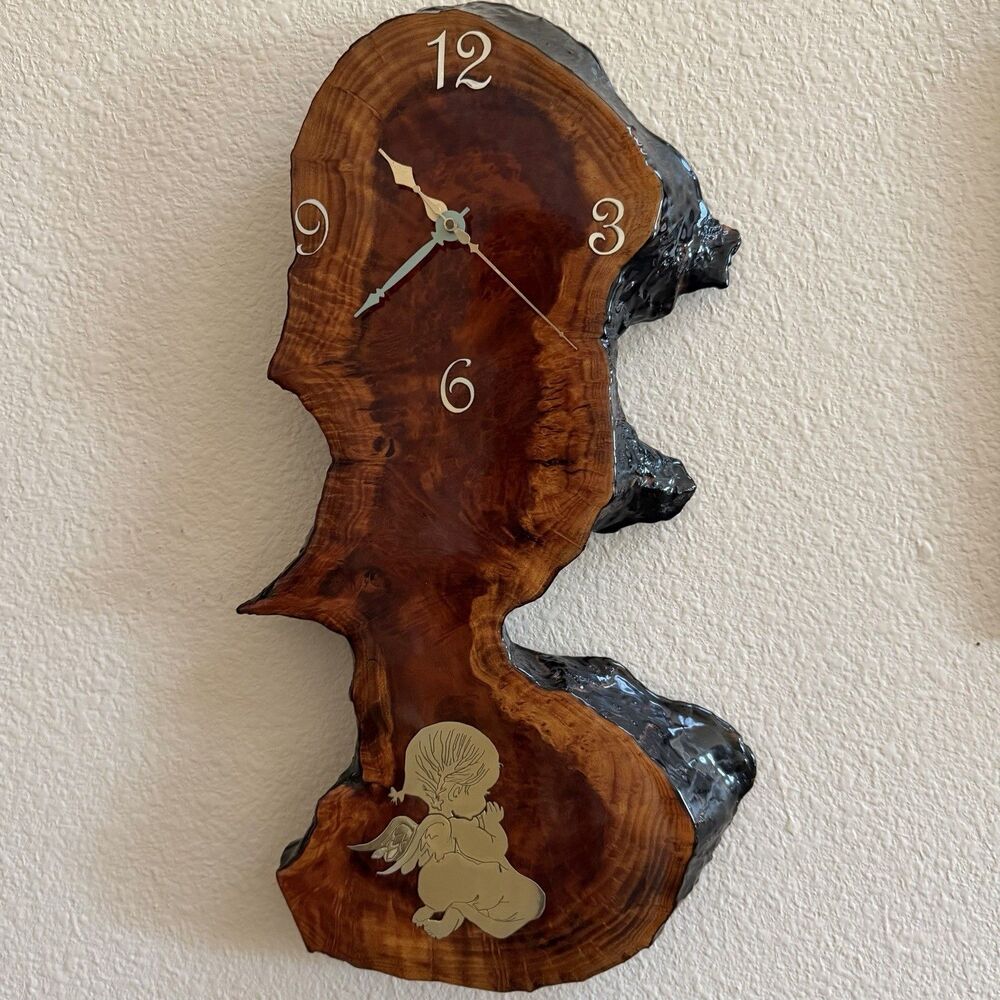 Vintage Live Edge Burl Wood Wall Clock Handmade Rustic Artisan Angel Quartz 17.5